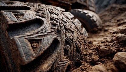 Close-up of a mud-caked, patterned tire tread