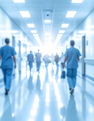 Blurry figures traverse a bright, sterile hospital hallway with glossy floors and recessed lights, embodying the medical field's bustle