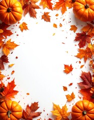 Autumnal arrangement of orange pumpkins and red/orange fall leaves creating a colorful border around a bright white central space