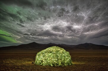 Dramatic landscape hay bale sits under a turbulent, lightning-filled sky with distant mountains adding to the foreboding atmosphere