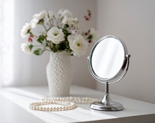White flowers, pearl necklace, and vanity mirror
