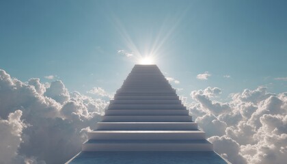 Stairway ascends to heaven. White steps against a bright, sunny, cloudy blue sky. Path to enlightenment, aspiration, dreams, and overcoming obstacles