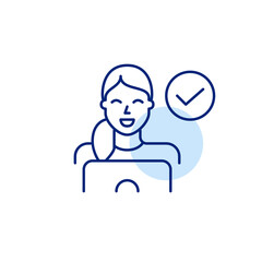 Account approved, task completed. Woman working at laptop and checkmark. Pixel perfect, editable stroke vector icon