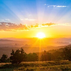 Radiant sunbeams over hills, illuminating distant city. Silhouetted trees dot foreground in warm, natural light, clear skies above