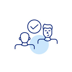 Fototapeta premium Two men and checkmark. Collaboration confirmed, trusted agreement. Secure discussion, interview or dating match. Pixel perfect, editable stroke vector icon