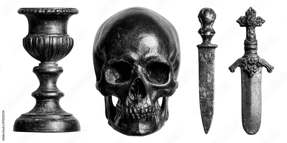 Wall mural black skull and objects on isolated transparent background