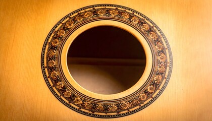 Close-up of a classical acoustic guitar soundhole with intricate rosette detail and natural wood texture.