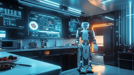 Futuristic kitchen with robot chef preparing food - Powered by Adobe
