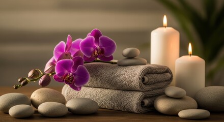 Still life with orchid towels candles and stones