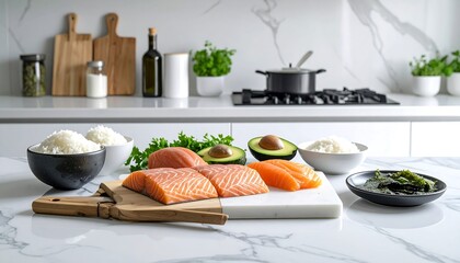 Fresh salmon, rice, and avocado on a kitchen counter
