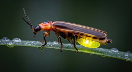 Glowing Firefly on Dew-Kissed Leaf: A Macro Nighttime Encounter