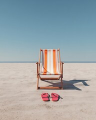 Fototapeta premium A beach chair with a pair of flip-flops in front represents summer relaxation.