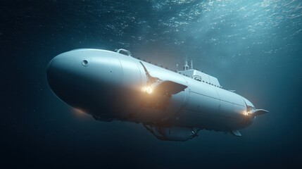 Underwater Exploration Vessel Navigating Deep Ocean Environment with Bright Lights and Futuristic Design
