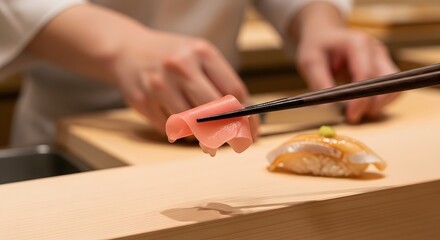 Obraz premium Close-up of chopsticks holding fish for nigiri sushi