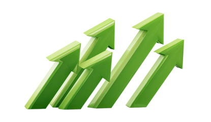 Three overlapping, upward-pointing, light lime-green 3D arrows