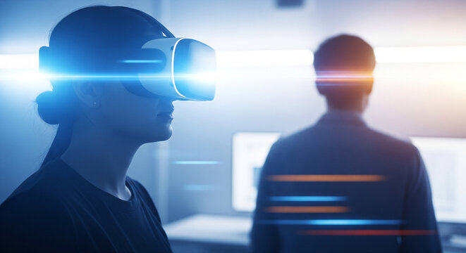 Two colleagues wearing virtual reality headsets collaborate in a modern office, a perfect representation of teamwork and training in the evolving metaverse - Powered by Adobe