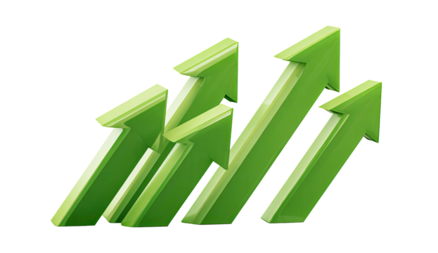 Three overlapping, upward-pointing, light lime-green 3D arrows