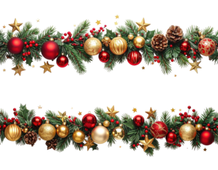 Two horizontal rows of Christmas ornaments and greenery