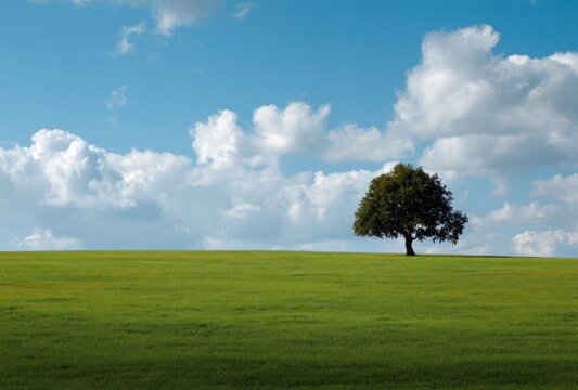 Solitary tree on a grassy hilltop under a partly cloudy blue sky, evokes tranquility and space, suggesting peace and natural beauty - Powered by Adobe