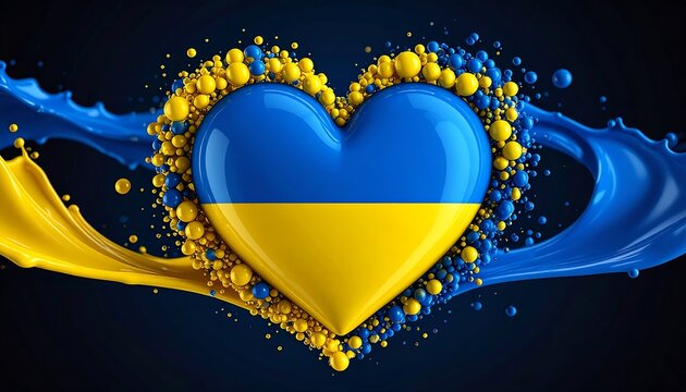 Heart-shaped Ukrainian flag amidst vibrant splashes - Powered by Adobe