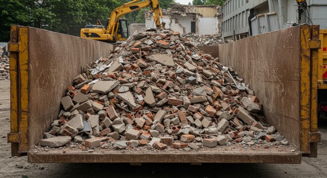 Construction waste disposal with rubble and bricks after building demolition - Powered by Adobe