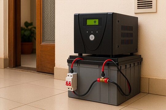Home UPS and battery backup system in utility area &mdash; inverter on battery box with safety switch, neat cables