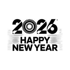 Happy New Year 2026 Typography with Gear Design in Modern Black and White Style