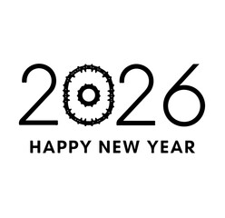 Happy New Year 2026 Typography with Gear Design in Modern Black and White Style