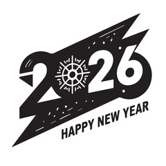 Happy New Year 2026 Typography with Gear Design in Modern Black and White Style