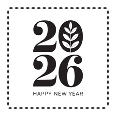 Happy New Year 2026 Typography with Gear Design in Modern Black and White Style