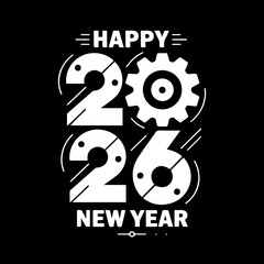 Happy New Year 2026 Gear Style Typography on Black Background