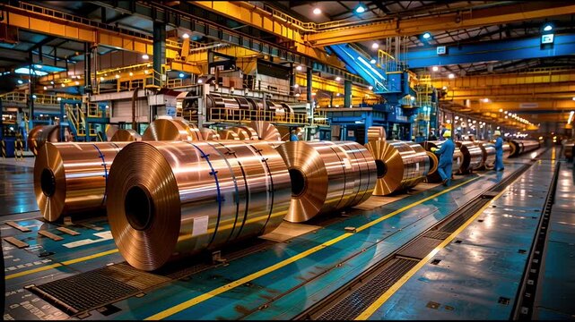 Industrial coiling facility interior with rows of glossy metal rolls, highlighting manufacturing precision and scale