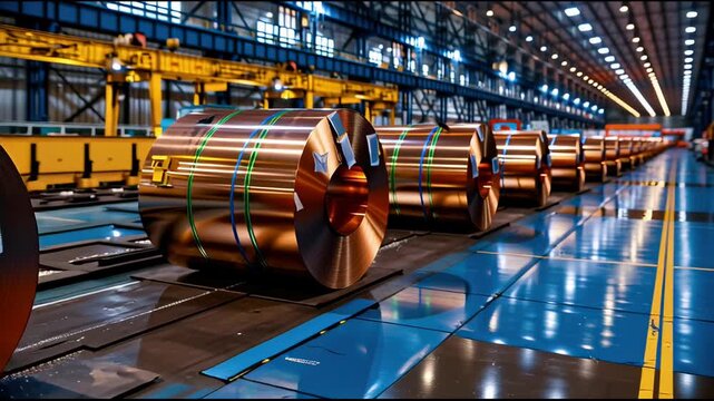 Industrial coiling facility interior with rows of glossy metal rolls, highlighting manufacturing precision and scale