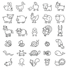 Cute Animal Outline Icon Set. Vector icons of cow, sheep, horse, pig, donkey, dog, goat, domestic goose, turkey, chick, duckling, rabbit, duck, bee, butterfly, turtle, fish, bird, mouse,...