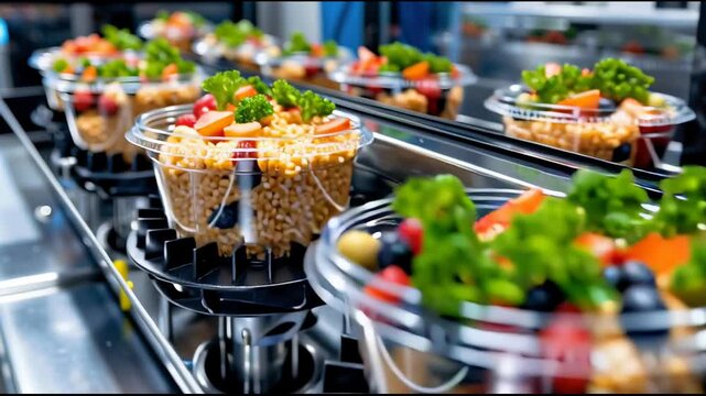 High-Speed Industrial Conveyor Showing Clear Lunch Containers of Fruit and Grain Salads Approaching Sealing Station
