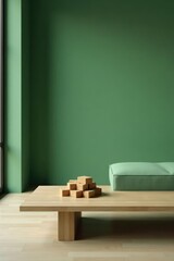 Serene Minimalist Interior Design Featuring a Light Wood Coffee Table and a Light Green Upholstered Bench