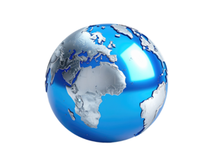 A 3D render of a globe, highlighted with metallic silver continents on a vibrant blue background