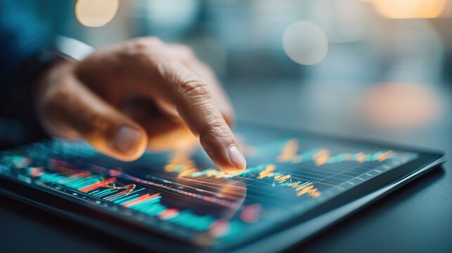 A person interacts with financial graphs and data analytics on a digital tablet, focusing on real-time trends and market analysis
