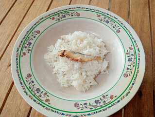 rice in a bowl. White rice with fried salted anchovy on a floral plate, simple traditional Asian food.