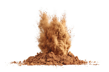 A powerful explosion of light brown powder erupts from a pile of the same powder