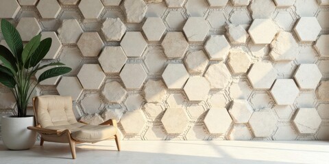 Serene Interior Design Featuring a Modern Lounge Chair and Hexagonal Wall Decor
