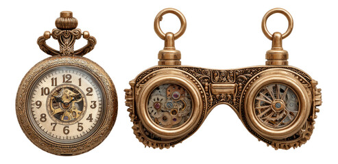 Vintage Steampunk Clock and Goggles with Intricate Details