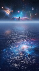 Obraz premium Cosmic aquatic reflection: A serene sea mirrors the celestial tapestry above creating ethereal beauty