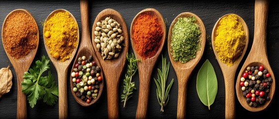 Aromatic spices and herbs displayed in wooden spoons on a dark background, showcasing a colorful variety of culinary ingredients