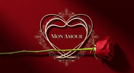 Elegant heart frame with a single red rose and "Mon Amour" text, symbolizing love and romance.