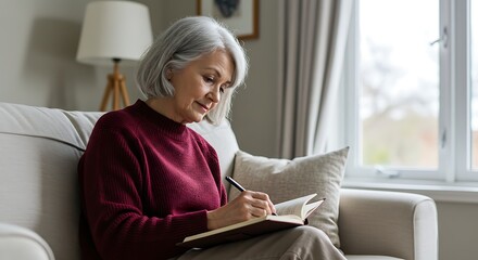 Calm senior woman in a red sweater sitting on couch and writing in journal