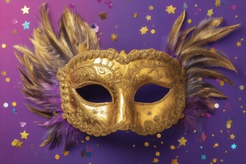 A golden masquerade mask with feathers and ornate details lies on a purple surface scattered with colorful confetti and star shapes