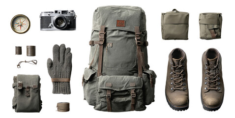 Outdoor Adventure Gear Composition with Isolated Elements