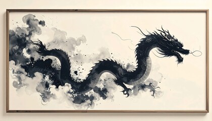 Fototapeta premium Hand-Painted Chinese Dragon in Sumi-e Brush Style with Clouds