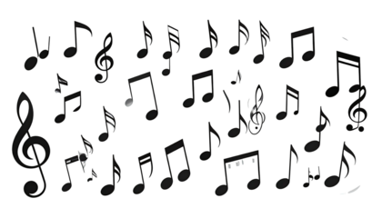 A black background is filled with musical notes and symbols